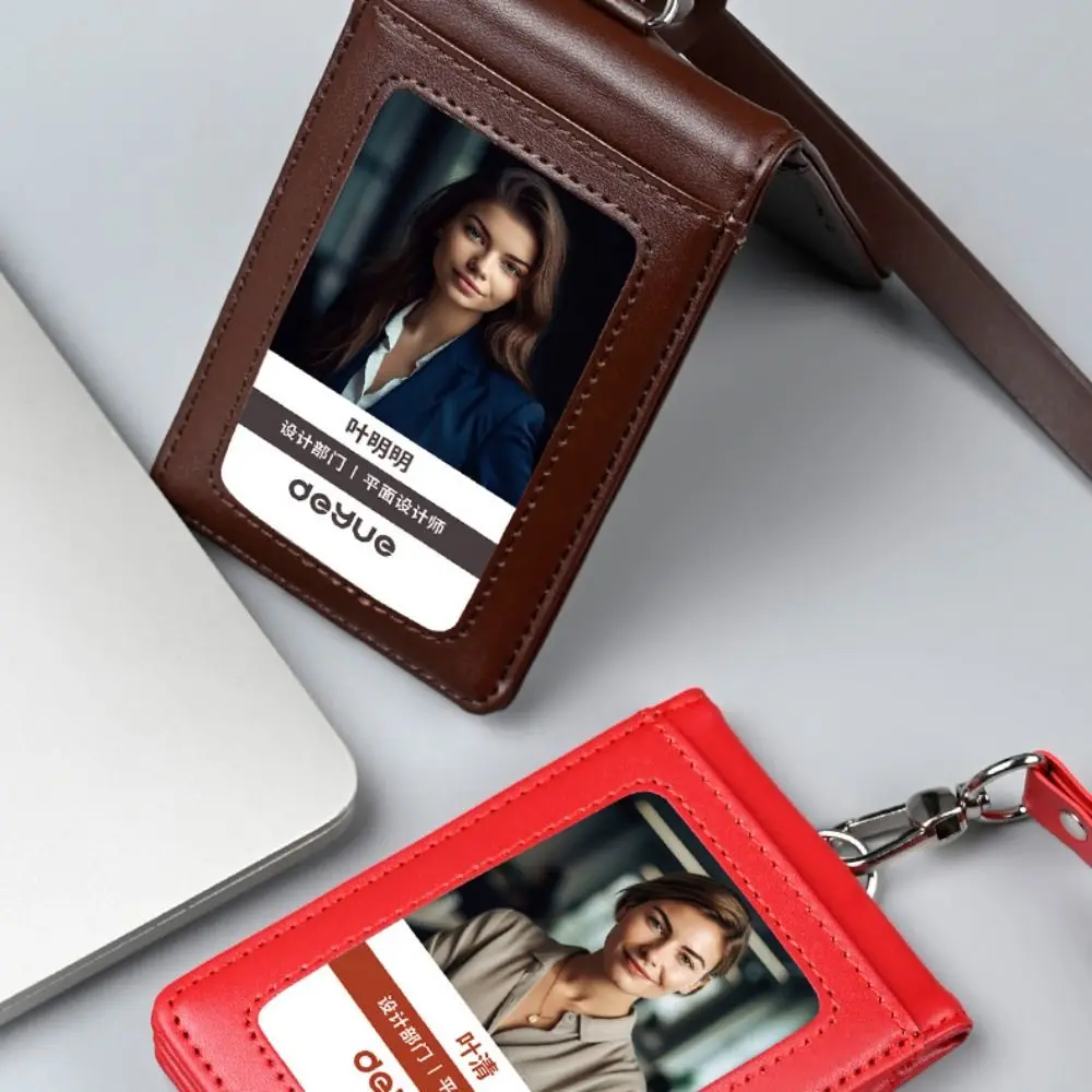 

Leather ID Tag Badge Holder Buckle with Lanyard Employee Pass Work Card Case Photocard Protective Flip Chest Card Bag