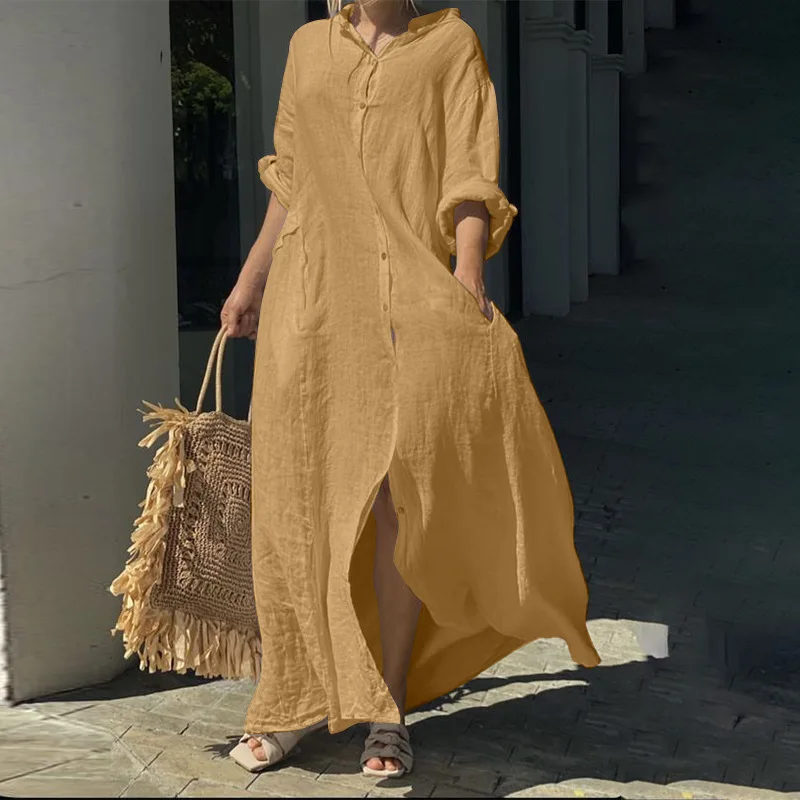 Casual V Neck Long Sleeve Woman Dress Office Lady Spring Summer Fashion Loose Solid Dresses For Women 2024 Female Robe White