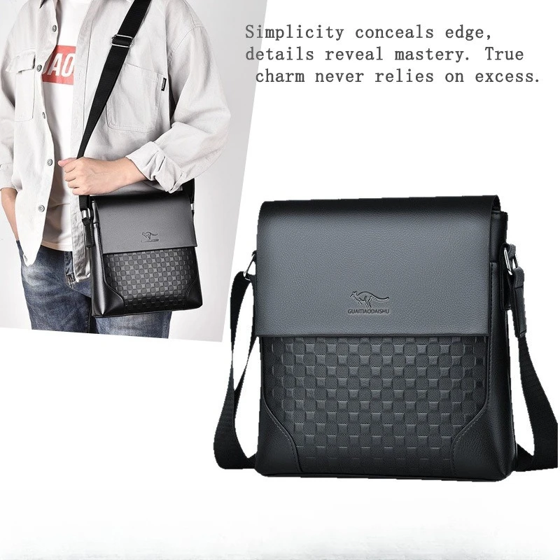 PU leather checkered men's crossbody bag, flip cover, large capacity, lightweight business briefcase, single-shoulder bag