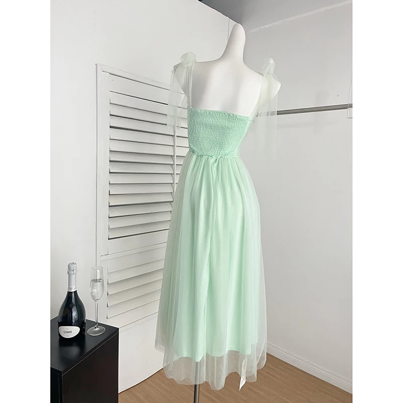 Vestido camisola de malla verde para mujer, vestido largo de tirantes finos para vacaciones en la playa, moda coreana, Vestidos femeninos Harajuku dulces