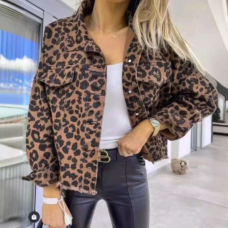 2024 Spring And Autumn Denim Coat Leopard Print Long Sleeve Short Loose Casual Coat For Women