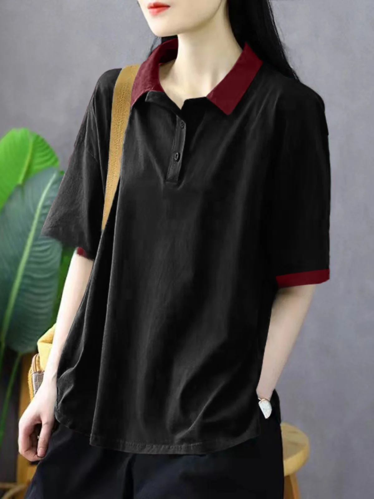 Camiseta Feminina de Algodão Puro, Estilo Solto, Moda de Verão, Design Coreano com Patchwork e Cores em Bloco