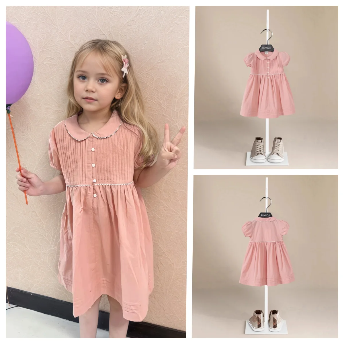 

Summer Baby Girls' Dress Children Cotton Pink Doll Collar Baby Princess Dress Girls' Clothing Short-Sleeve Dress Baby Clothing