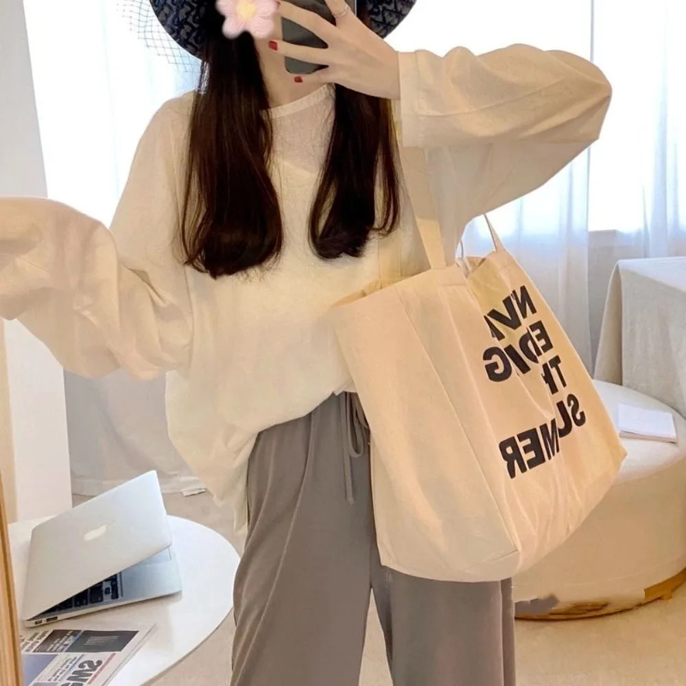 

Large Capacity Letter Print Tote Bag Lightweigh Commuting Literary Canvas Shoulder Bag Casual Soft Woman Shoulder Bag Travel