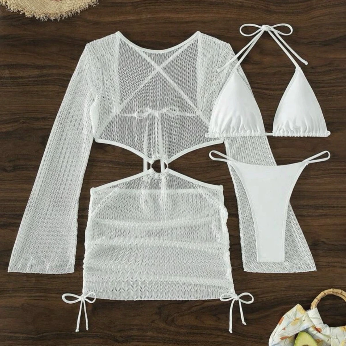 DEKA Women Solid Bikini Set Halter Bra Lace-up Swimsuit Set With Mesh Yarn Cover Up Dress Knitted  Long Sleeve Boho Swimwear