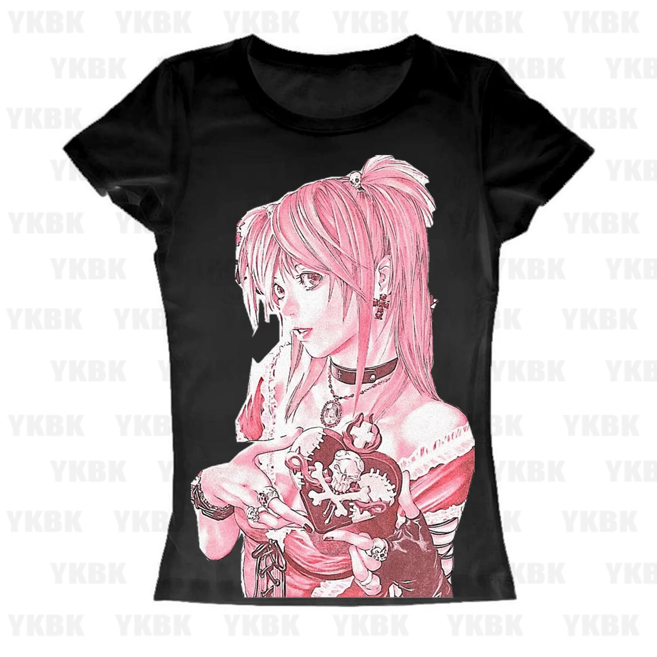 Y2K Gothic Women T-shirt Misa Amane Death Note Anime Graphic Tee Pink Manga Skull Heart Print Short Sleeve Slim Daily Girly Tops