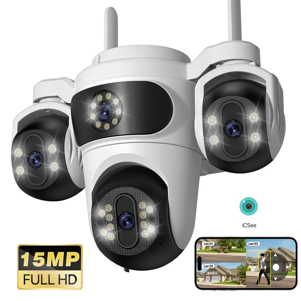 

15-мегапиксельная IP-камера с тремя экранами, PTZ-камера, уличная Wi-Fi, автоматическое отслеживание, охранное видеонаблюдение, 10-мегапиксельная HD-камера с двумя объективами iCsee