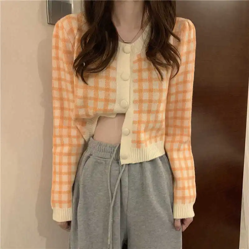 Plaid Women\'s Sweater Loose Long Sleeves 2022 Spring and Autumn Korean Fashion Chic Short Cardigan for Women Kawaii Sweater