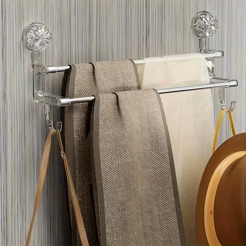 Double Suction Towel Rack Stainless Steel Bath Towel Rack Bathroom Storage No Holes, No Installation and No Damage To The Wall