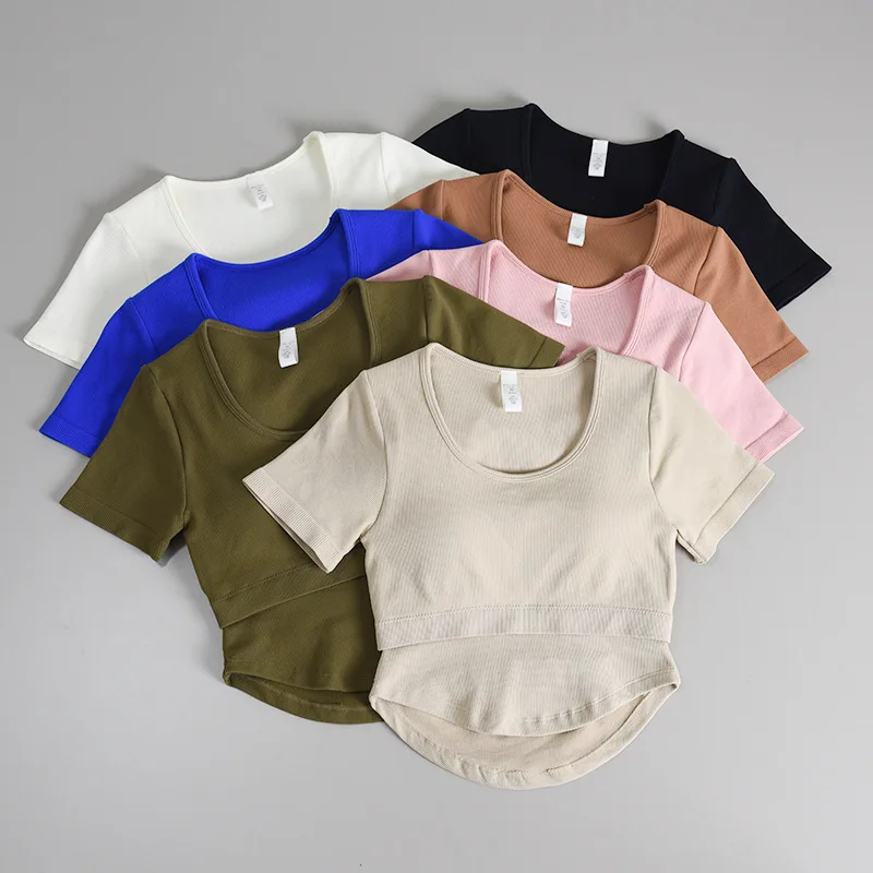 

Mileegirl Seamless Ribbed Women Yoga Tank Top Built-in Pads Sports Crop Tops Short Sleeves Gym Vest Workout Running Tee Shirts