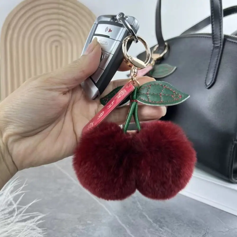 Cherry Key Chain Handbag Pendant Car Key Ring Cute Fluffy Rabbit Fur Ball Pompom Leaf Keychain