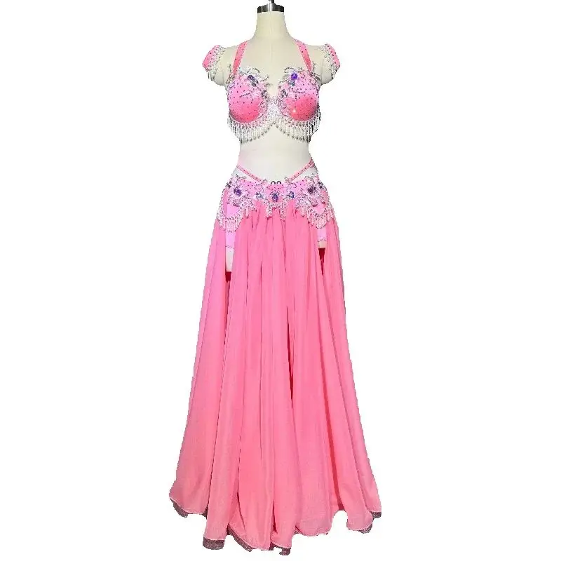 Buikdans Prestaties Kleding Set voor Vrouwen Buikdans Pak Handgemaakte Bh + chiffon Rok + riem High-End Aangepaste Danskleding Kleden