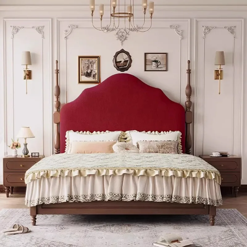French retro soft bag bed high back bed American old Paris 1.5 meters double solid wood simple Roman column red bed