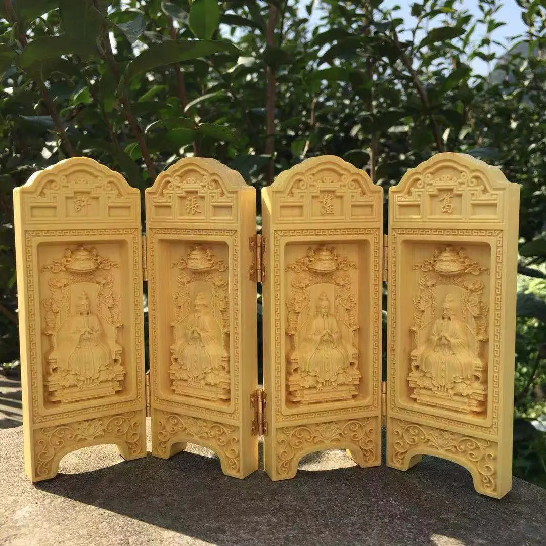 Hand-Carved Boxwood Folding Shrine Featuring the Four Celestial Masters: Ge Hong, Sa Shoujian, Zhang Daoling, & Xu Xun