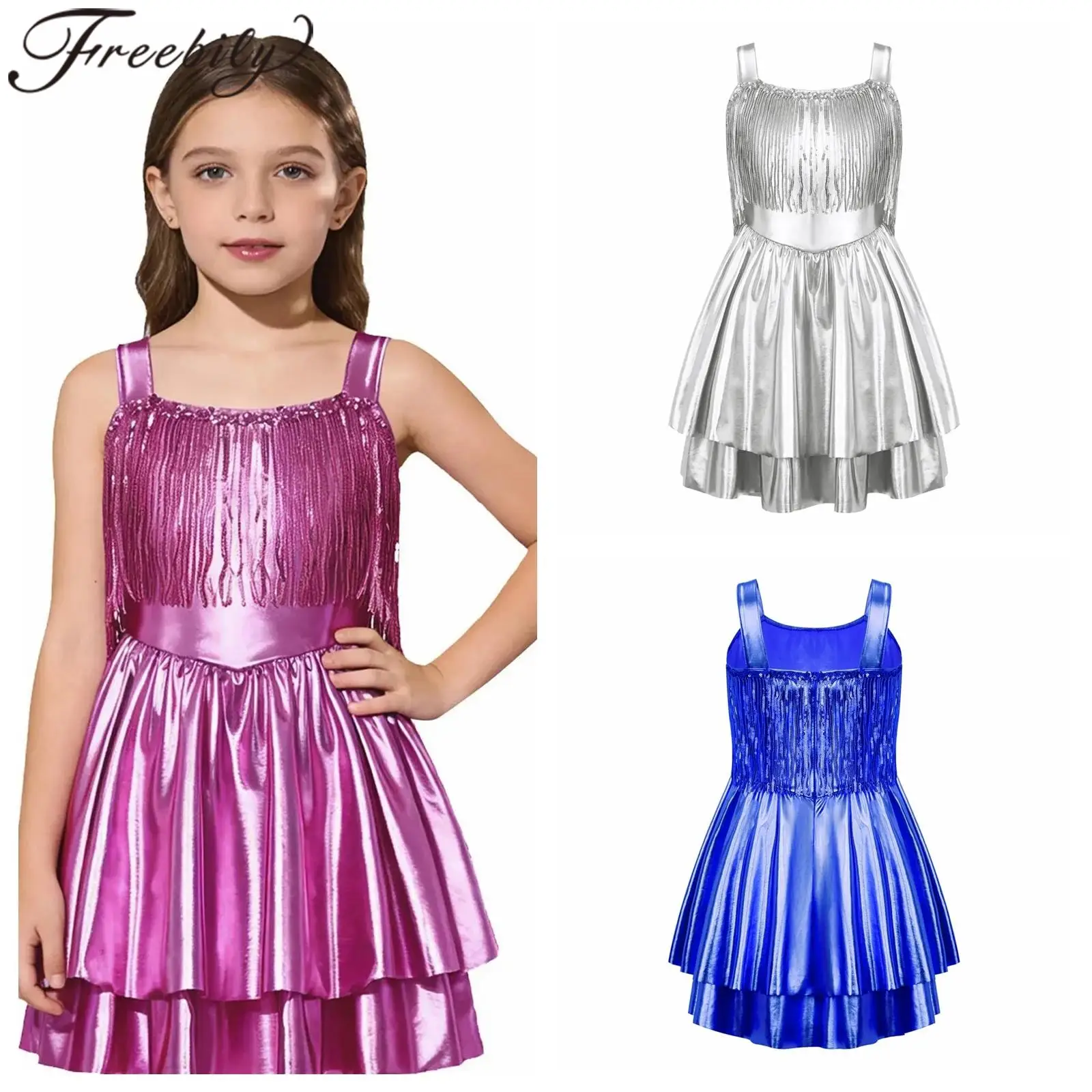 

Детский костюм для джазового танца, блестящее вечернее платье цвета металлик для девочек, пышное бальное платье для подростков, детское бальное платье без рукавов с блестками и кисточками