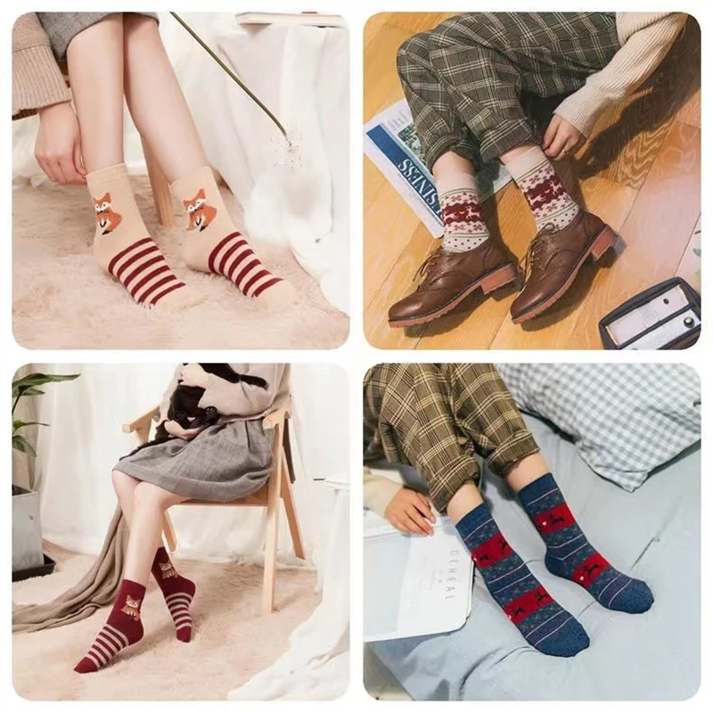 5 Pairs of New Rabbit Wool Christmas Socks Women Thickened Warm Gold Deer Ladies Socks Students Cartoon Socks