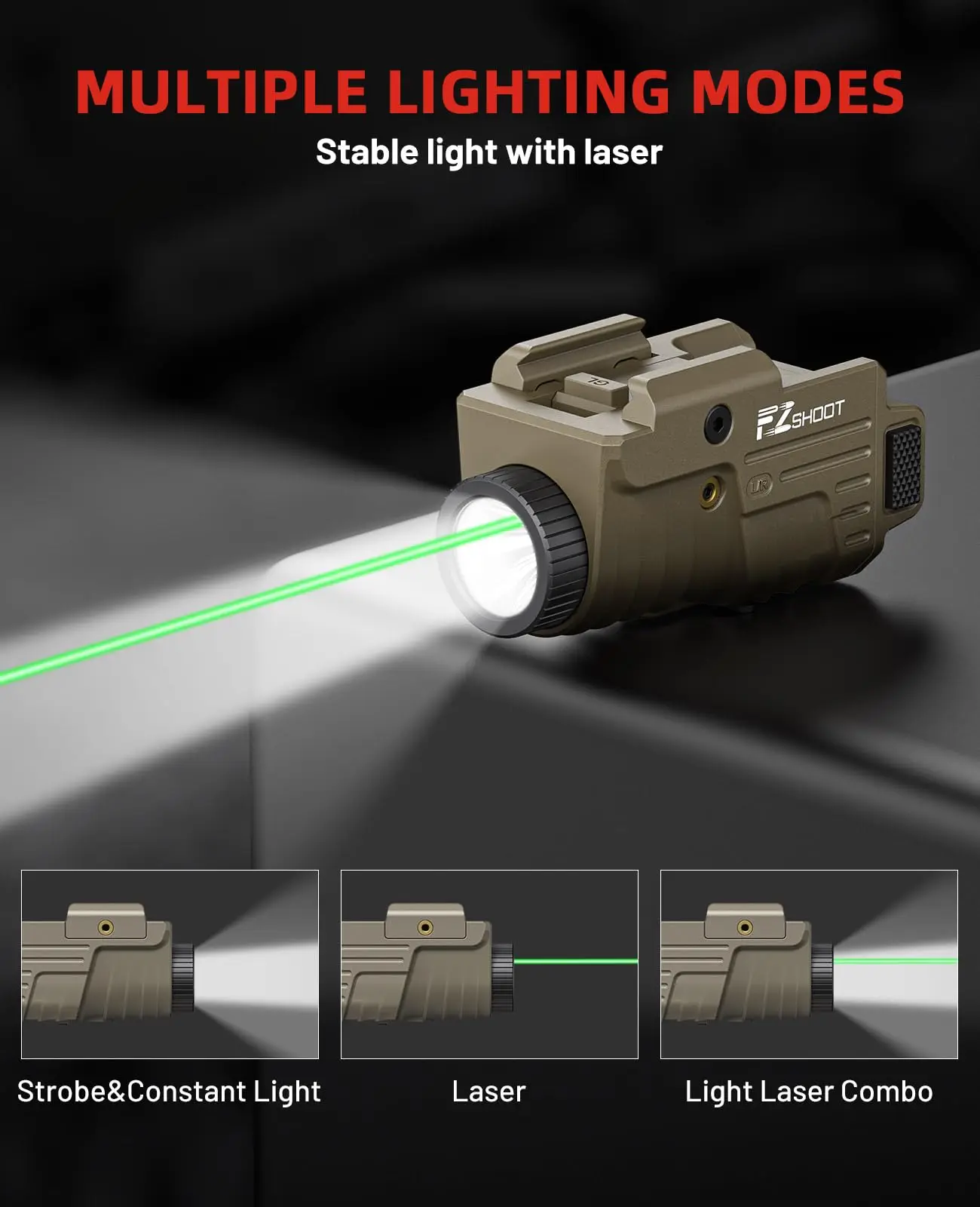EZshoot Flashlight Pistol Light Green Laser Combo Rechargeable with Slidable Rail Compatible with G-lock and Picatinny Hunting - view 4