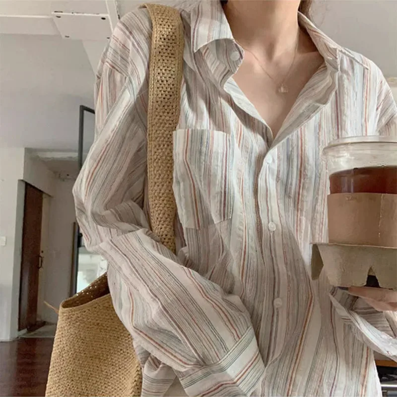 Striped Printing Long Sleeve Women Shirt Office Lady Elegant Blouses Vintage Loose Casual Tops