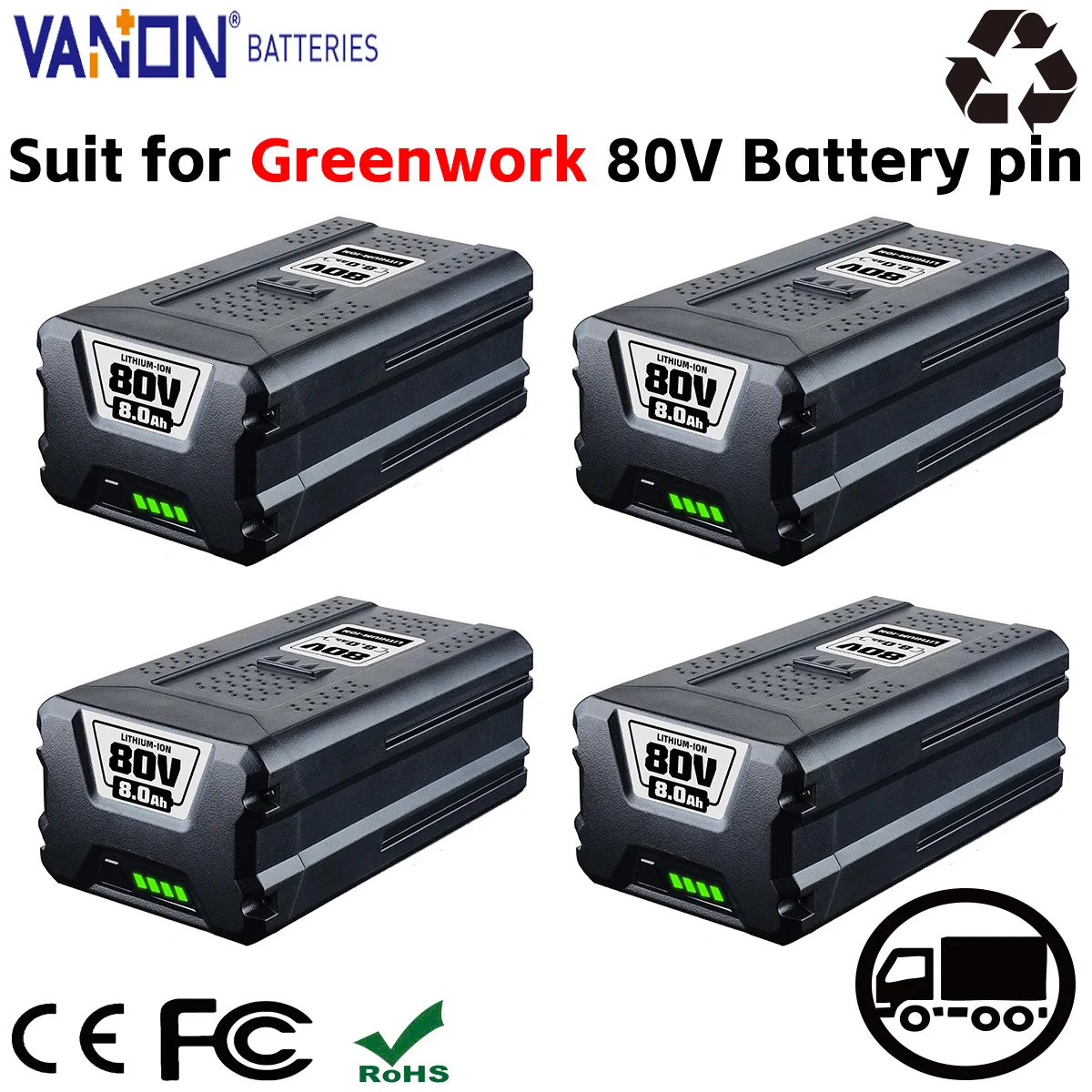 

VANON GBA80200 8.0Ah 1/2/4Pack Lithium Battery 80V Replace for Greenworks GBA8050 GBA80400 GBA8050 Power Tools Battery pin