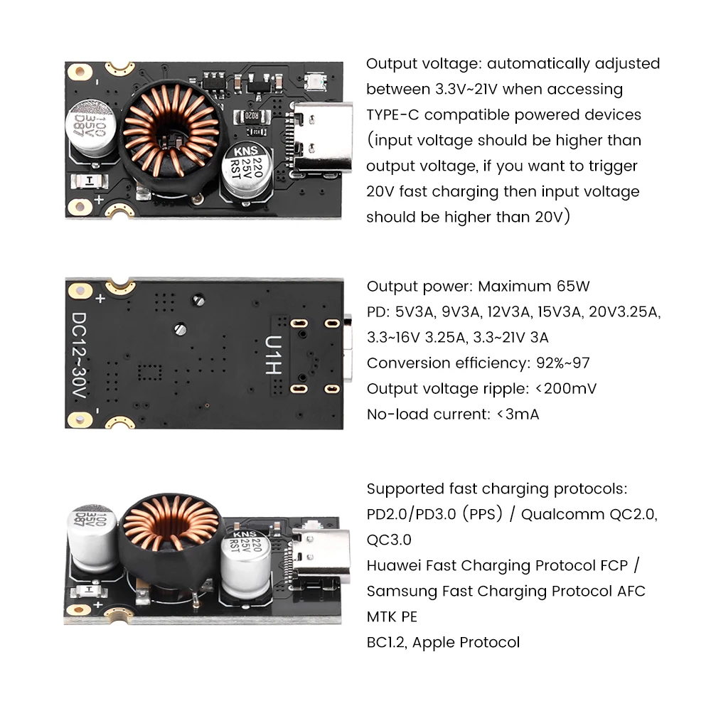 Pd 65W Snellaadmodule Type-C Interface Ondersteuning Pd2.0/3.0 Qc2.0/3.0 Pps Fcp Afc Snel Opladen Mobiele Telefoon Opladen