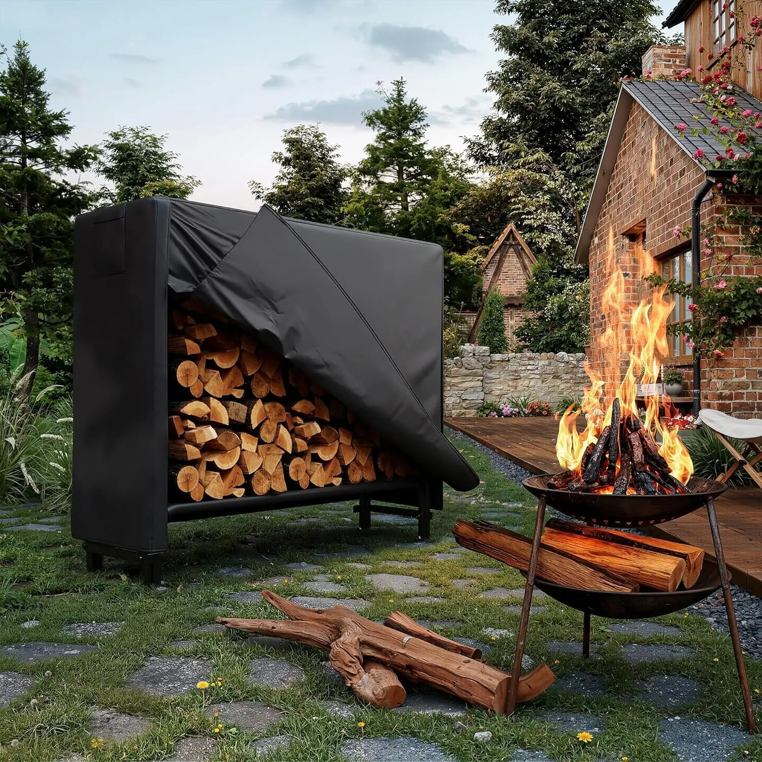 4FT 8FT Brennholz-Holzregal mit Abdeckung, schwarzer wasserdichter Oxford-Stoff mit Reißverschluss, robuste Holzlagerregale für Veranda, Pati – Detail 8