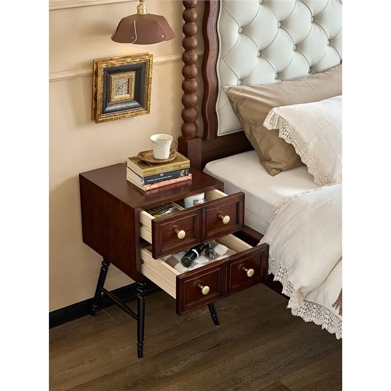 

French retro solid wood bedside table bedroom storage black walnut cherry