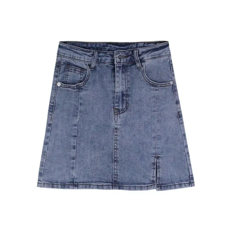 Khaki High Waist Slit Denim Skirt Women's Summer New Style Slim Fit Half-length Skirt Casual Pure Color Zipper Button Skirt