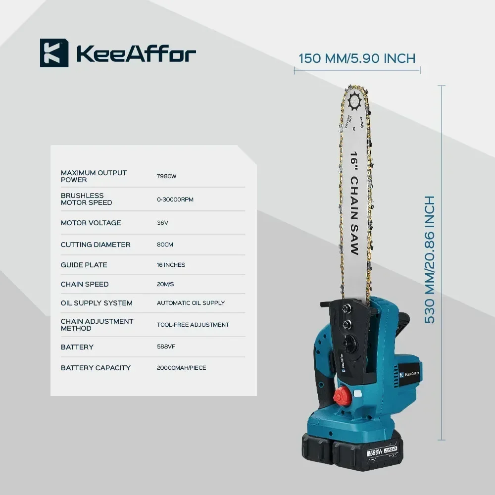 KEEAFFOR 7980 W Elektrische Kettensäge Bürstenlosen 16 Zoll Elektrische Schneiden Holzbearbeitung Akku-säge Power Tool Für Makita 18 V batterie