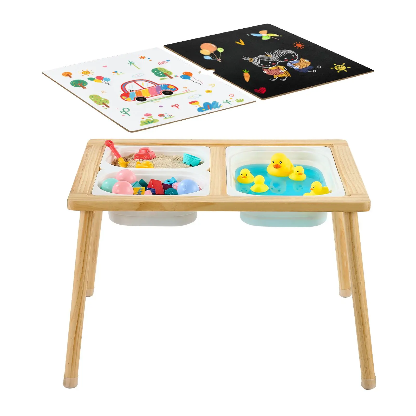 Sensory Table for Toddlers, Wooden Kids Activity Table with Reversible Double-Sided Board, Storage Bins, and Non-Slip Feet, for