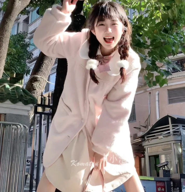 Winter Lolita Fashion Thickened Sweet Peter Pan Collar Coat Cute Girls Woolen Loose Versatile Age-reducing Long-sleeved Tops