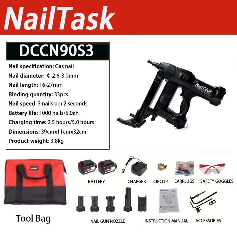 Nailtask-DCCN90S3 Gas-Powered Nail Gun for MEP, Framing & Concrete | Lithium-Powered Steel Nailer with 2 Batteries