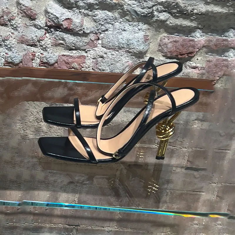 Women\'s square toe super high heels sandals, metal knot slim high heels, sexy, open mouth, fashionable, new