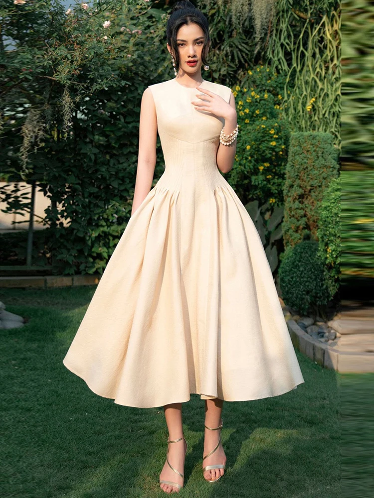

Sexy O Neck Tank High Waist Midi Dress Women Beige Sleeveless A-line Dresses Elegant Evening Party Celebirty Gowns