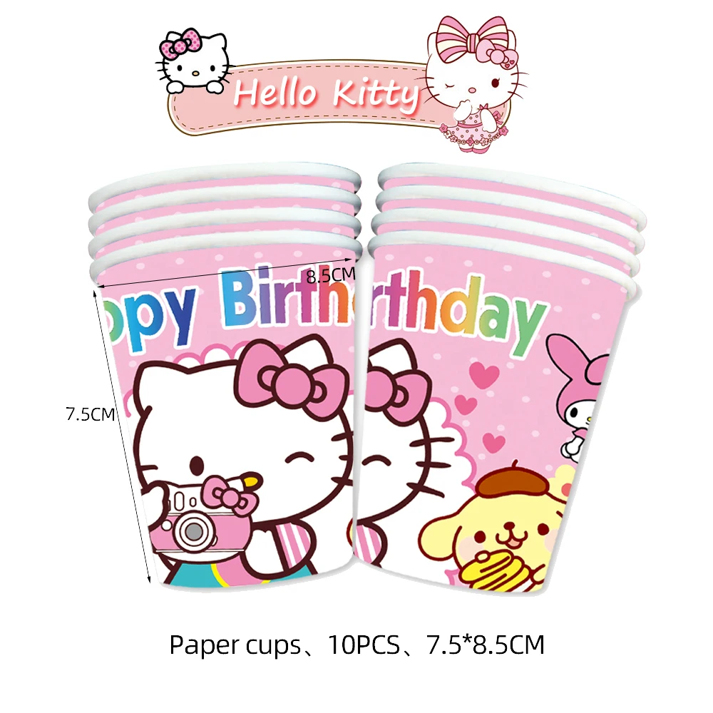 Suministros de fiesta de Hello Kitty para niñas, juego de globos, vasos de papel, platos, servilletas, accesorios de fiesta, decoraciones de fiesta