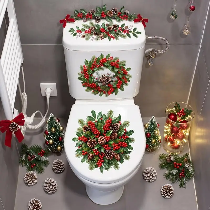 Christmas Pine Wreath Toilet Sticker Bathroom Realistic Beach Floor Decal Waterproof Anti Slip Removable Bathtub Decor