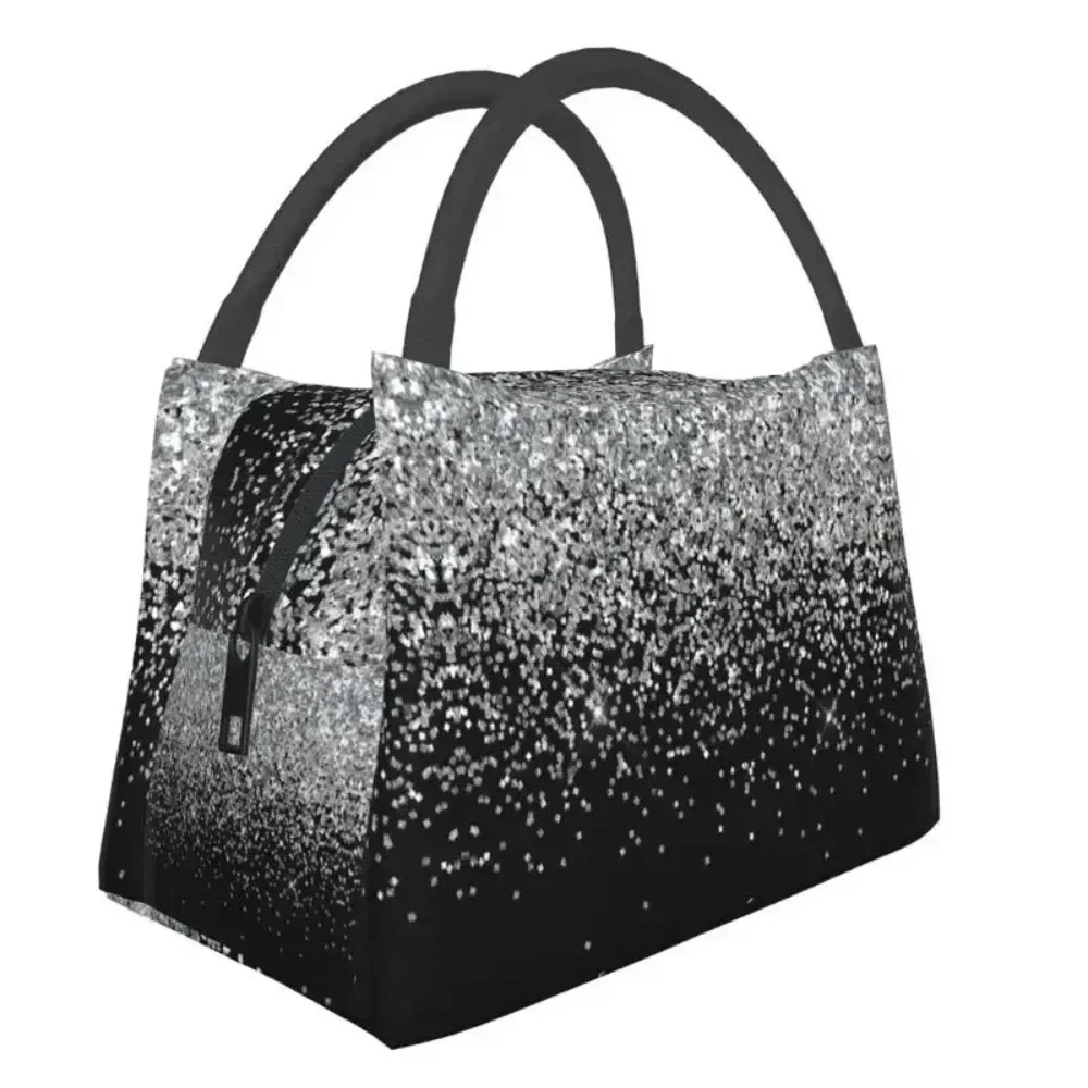 Silver Glitter Luxury Sparkling Insulated Lunch Tote Bag for Women Portable Thermal Cooler Food Lunch Box Work Travel