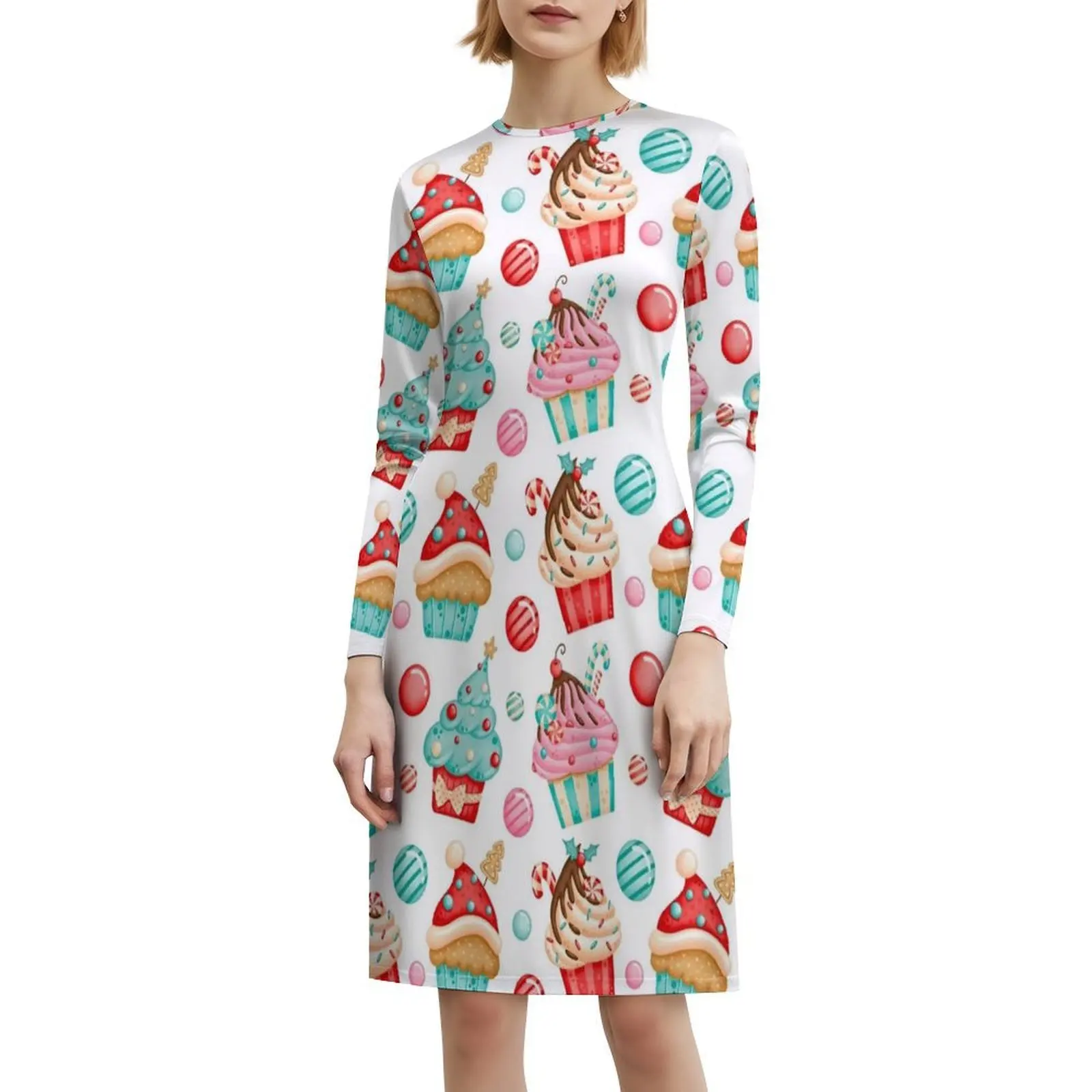 فستان عيد الميلاد والكب كيك والحلوى البوهيمية بدون أكمام، متعدد الطباعات، فستان حفلات عطلة الشاطئ، عيد الميلاد، كب كيك عيد الميلاد