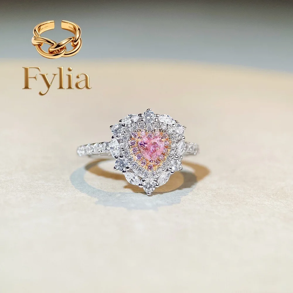 Fylia Jewelry   Luxury white gold solid platinum PT950 Women's Love Ring Women's Simple Cute Simple Style Peach Heart Powder Dia