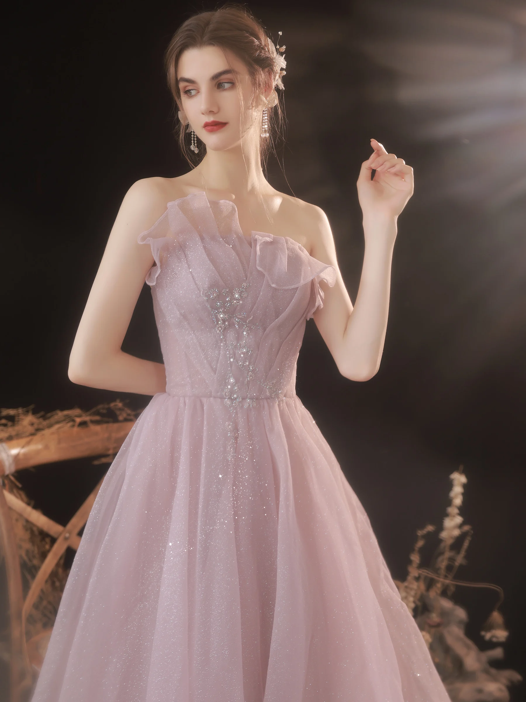 

Pink Simple Evening Dresses Strapless Beading A-Line Floor-Length Lace Up Sleeveless Tulle Formal Wedding Prom Gown New Arrival