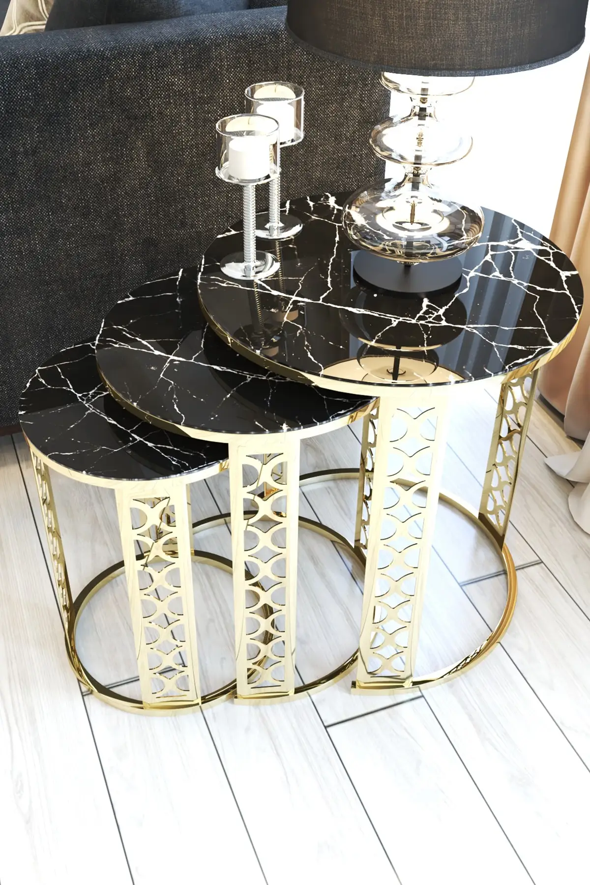 Black Marble Pattern Lux Laser Detailed Gold Zigon Coffee Table Set