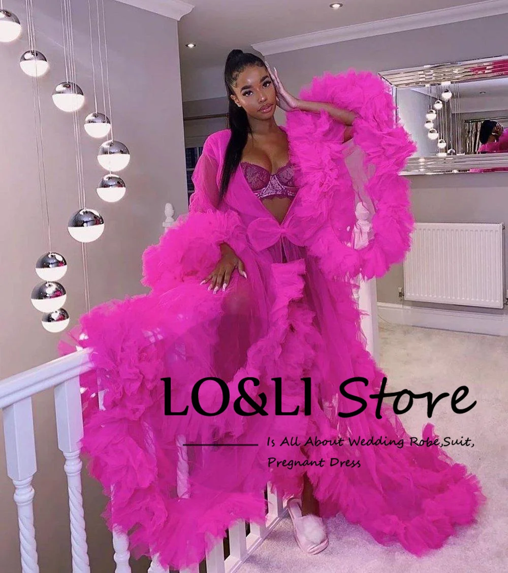 LO&LI White Tulle Bridal Ruffles Robe for Wedding Luxury Dress Puffy Sleeve Brides Pajamas Birthday Party Photo Shoot Vestido