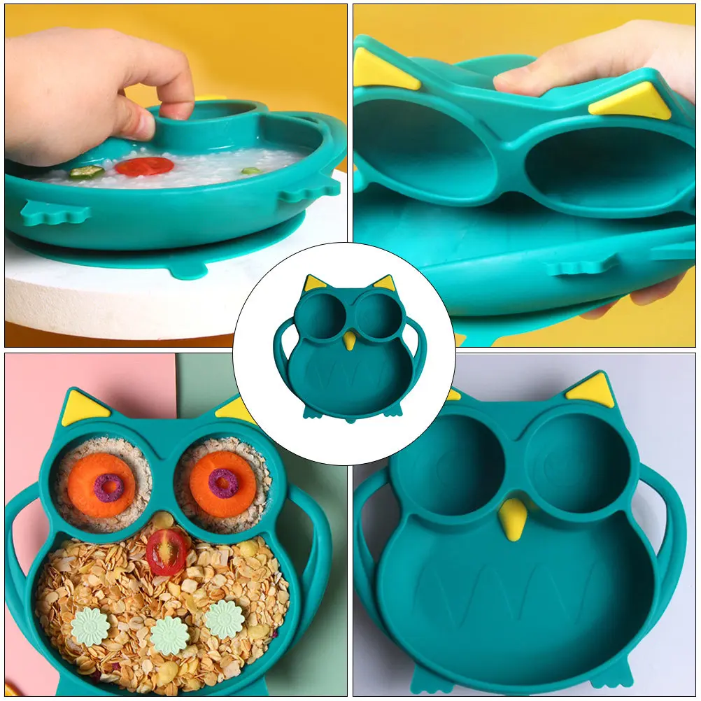 

1Pcs Children Silicone Toddler Feeding Plate Large Suction Cup Baby Food Grade Cartoon Owl Pattern Microwave Safe Silicone