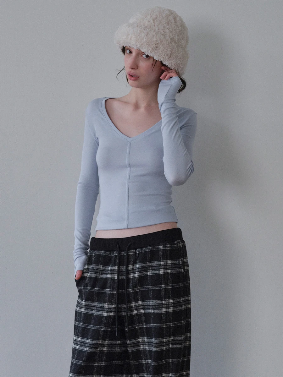 

DKZ Deep V-Ne Long Sve Women's Top Slim Fit Base Layer irt Inner Wear Simple Sle Autumn Winter New Arrival Blue Color