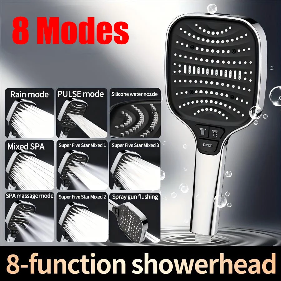 

8 режимов, насадка для душа с фильтром, 12 см, большая панель для ванной комнаты, экономия воды под высоким давлением, насадка для душа с дождевой насадкой, квадратная насадка для душа