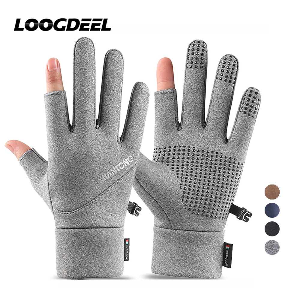 LOOGDEEL Winter Fishing Gloves Non-slip Waterproof Windproof Thermal Touch Screen Cycling Sports Full Finger Get Fish Gloves Men