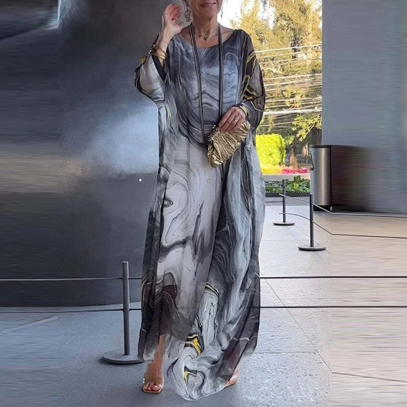 

Elegant Marble Texture Print Commuting Dress Women Spring Round Neck Long Chiffon Dresses Summer Batwing Sleeve Loose Boho Dress