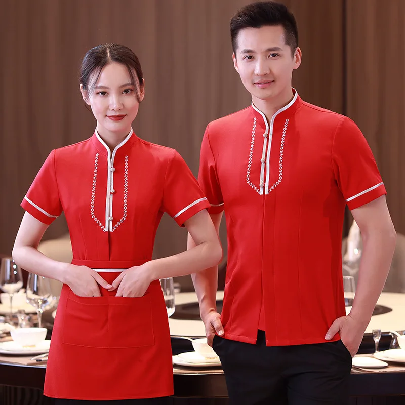 Hotel Catering Waiter Workwear Short Sleeve Women's Chinese Style Restaurant Ding Room Tea House Hot Pot Restaurant Summer Cloth