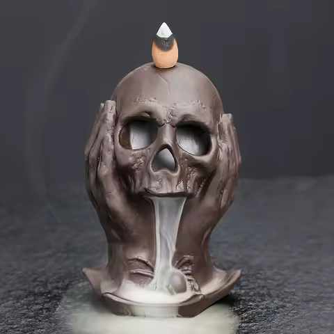 Gothic Skull Ceramic Backflow Incense Burner Aroma Diffuser with Reversible Smoke Flow for Home Decor and Meditation Gift Idea