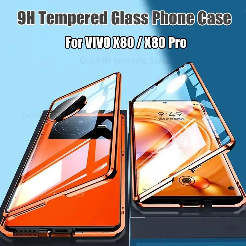 For vivo X80 Pro Magnetic Adsorption 9H Tempered Glass Phone Case For Vivo X70 X80 5G 360 Double-Sided Film Protector Flip Cover