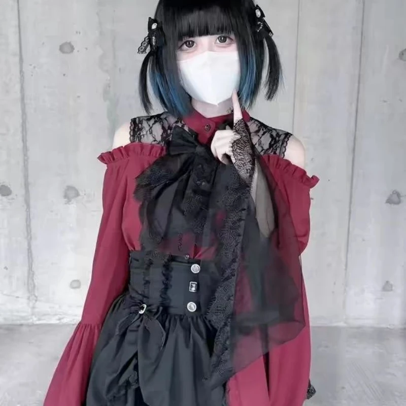 Chemisier japonais Lolita Kawaii pour femme, nœud esthétique Y2k, All Match JK, évider, Off Initiated Lace Patchwork Shirts